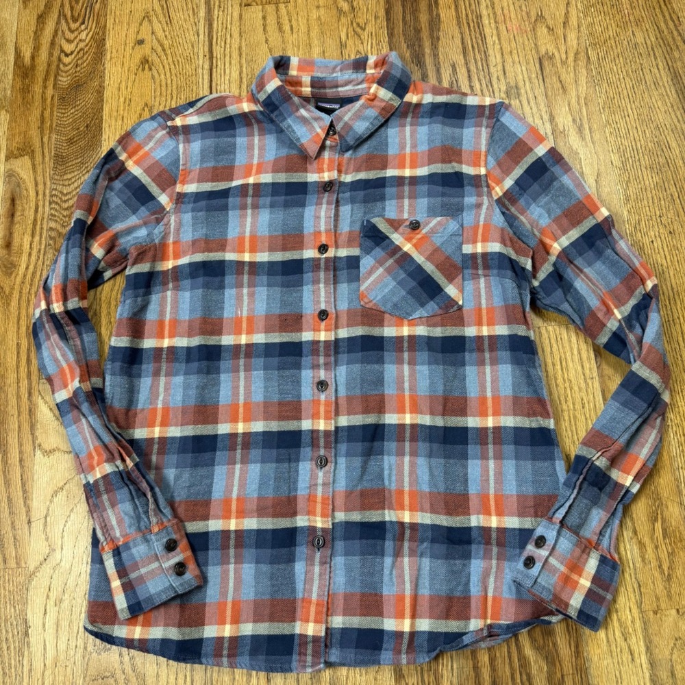 Patagonia Womens Fjord Flannel Shirt Organic Cotton Plaid Blue Orange Button Up